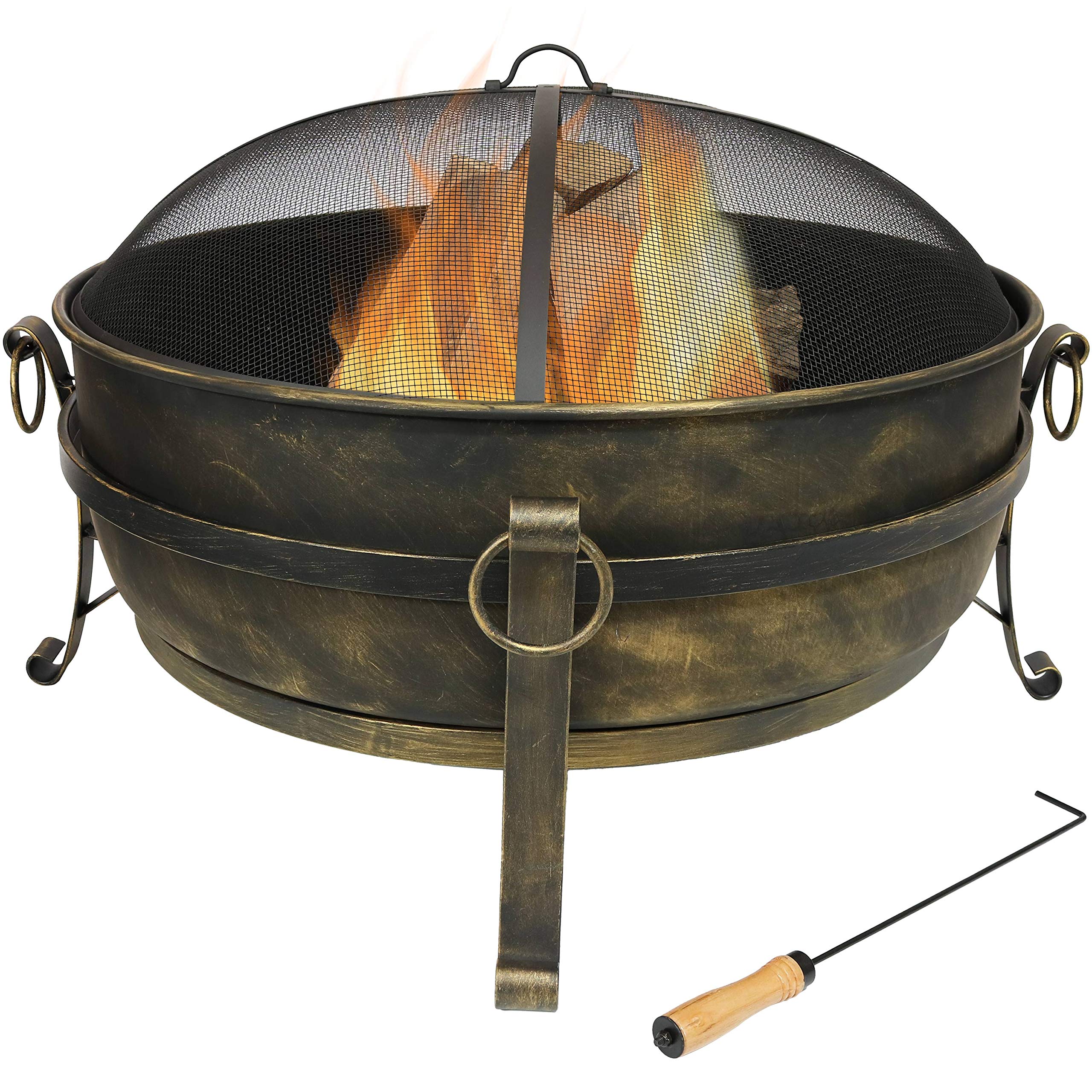 Sunnydaze 34" Cauldron Outdoor Fire Pit with Round Spark Screen, Fireplace Poker, and Metal Grate and Black 300D Polyester and PVC 36" Diameter Outdoor Round Fire Pit Cover Bundle