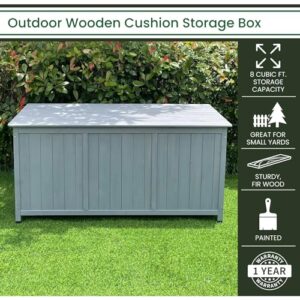 Hanover Wooden Outdoor Cushion Storage Box, Spacious Container for Patio Cushion Storage, Pool Supplies, and Throw Pillows in Grey, All-Weather 8 Cu. Ft. Capacity Outdoor Furniture Cushion Storage