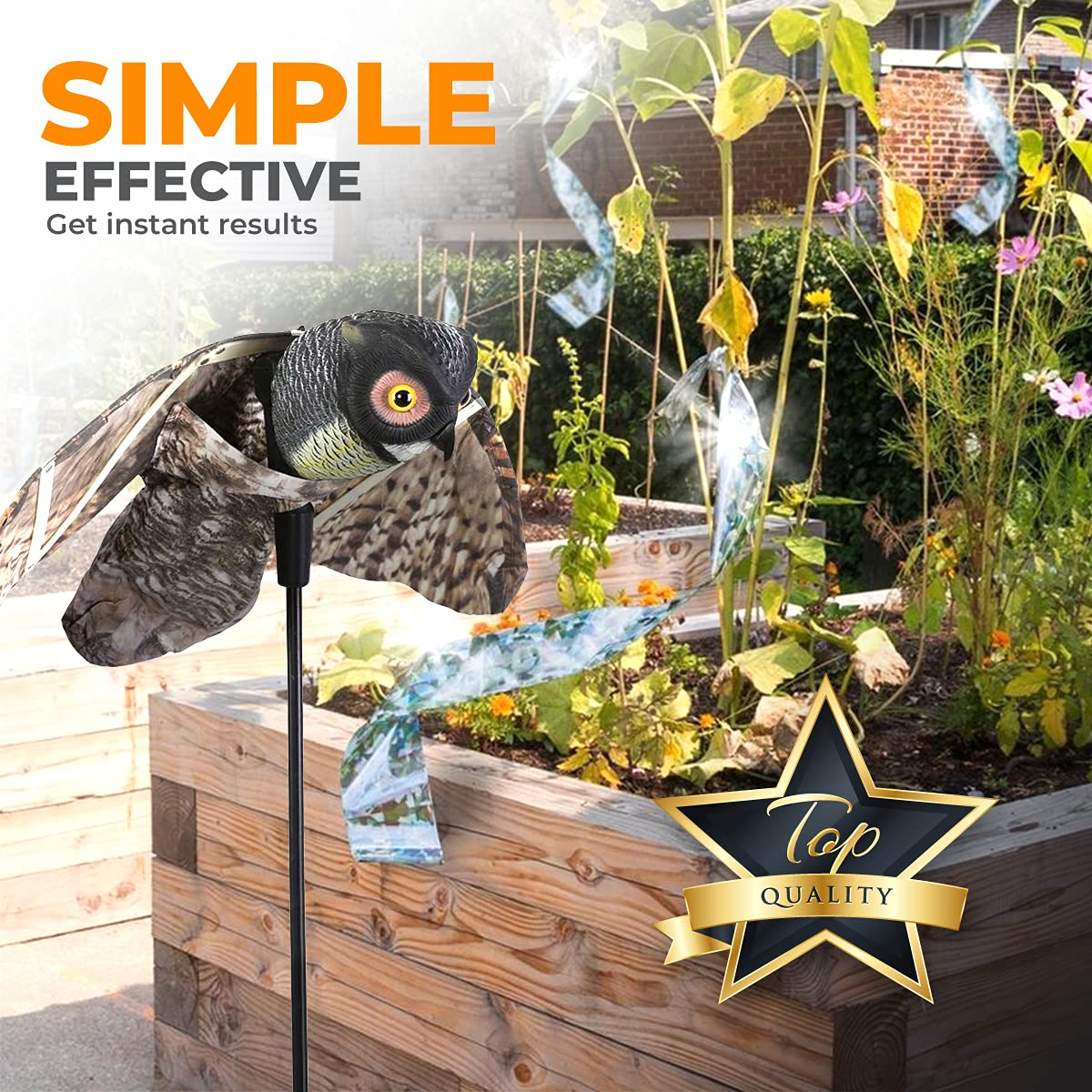 Elemu Owl Scarecrow Natural Moving Wings Plus Reflective Scare Tape Used as Bird and Rodent Repellent (150ft Roll)