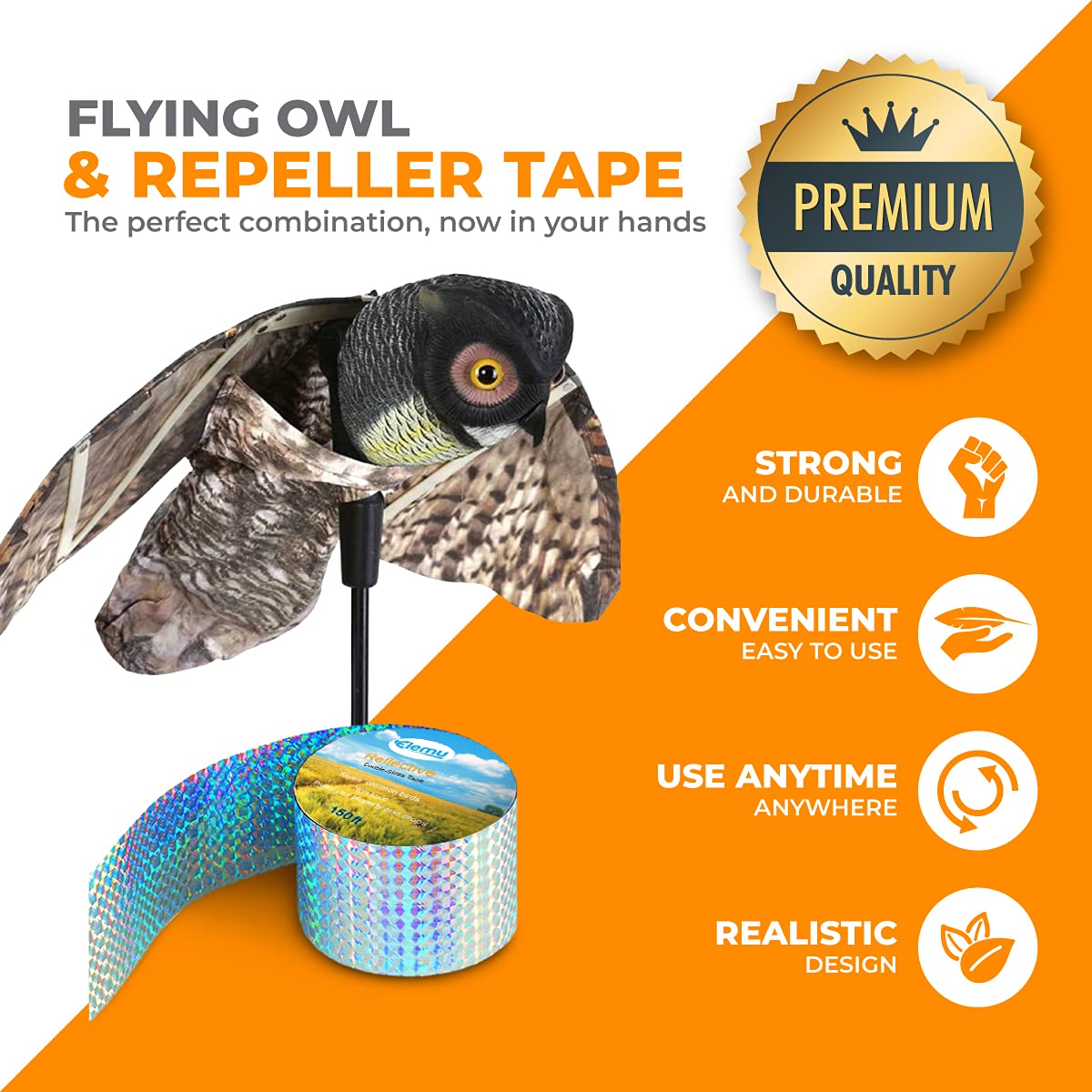 Elemu Owl Scarecrow Natural Moving Wings Plus Reflective Scare Tape Used as Bird and Rodent Repellent (150ft Roll)