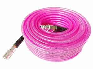 sanfu polyurethane(pu) 1/4-inch x 100ft reinforced, lightweight air hose with 1/4” swivel industrial quick coupler and plug, bend restrictor, transparent pink(100’)