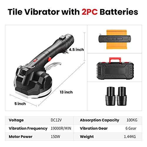 Tile Vibrator, Elikliv 19000 r/min Cordless Tile Tiler Handheld Laying Tiles Leveling Tool Tile Vibration Machine with 2 Batteries, Max 160kg 6 Speeds Vibrator Suction Cup for Tile Leveling Laying