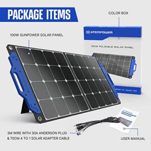 ATEM POWER 100W Portable Solar Panel Foldable Monocrystalline Solar Panel with Adjustable Kickstand Efficient Charge for 12V Battery Power Station for RV Overland Marine Outdoor Camping