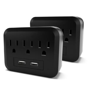 2 pack wall charger surge protector with 2 usb charging ports, multi plug outlets extender with3 outlets, outlet splitter, plug adapter, usb plugs for wall outlet (black)…