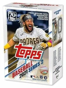 2021 topps series 2 baseball factory sealed blaster box 7 packs of 14 cards plus 1 70th anniversary patch card. massive 99 cards, chase rookie cards of an amazing rookie class such as ke-bryan hayes, jake cronenworth, zach mckinstry, estevan florial, shan