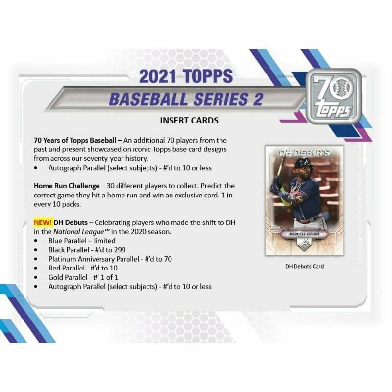 2021 Topps Series 2 Baseball Factory Sealed Blaster Box 7 Packs of 14 Cards plus 1 70th Anniversary Patch Card. MASSIVE 99 Cards, Chase rookie cards of an Amazing Rookie Class such as Ke-Bryan Hayes, Jake Cronenworth, Zach McKinstry, Estevan Florial, Shan