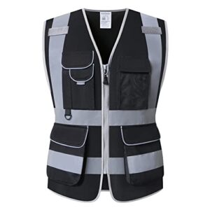pyotros reflective safety vest, high visibility construction vest, 7 pockets security vest, black class 2 ansi/isea surveyor safety vest for women
