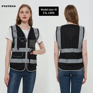 PYOTROS Reflective Safety Vest, High Visibility Construction Vest, 7 Pockets Security Vest, Black Class 2 ANSI/ISEA Surveyor Safety Vest for Women