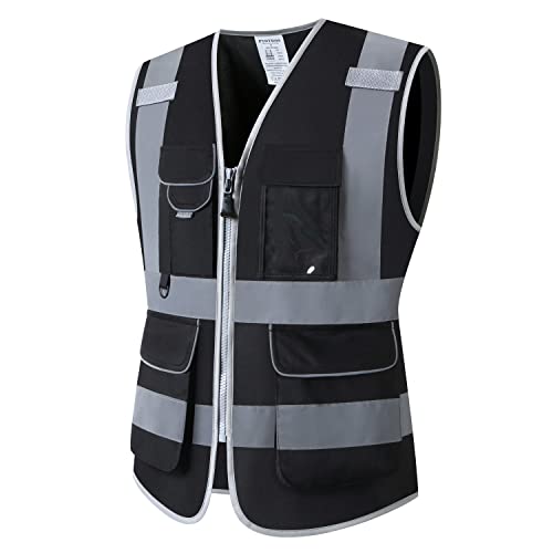 PYOTROS Reflective Safety Vest, High Visibility Construction Vest, 7 Pockets Security Vest, Black Class 2 ANSI/ISEA Surveyor Safety Vest for Women