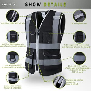 PYOTROS Reflective Safety Vest, High Visibility Construction Vest, 7 Pockets Security Vest, Black Class 2 ANSI/ISEA Surveyor Safety Vest for Women