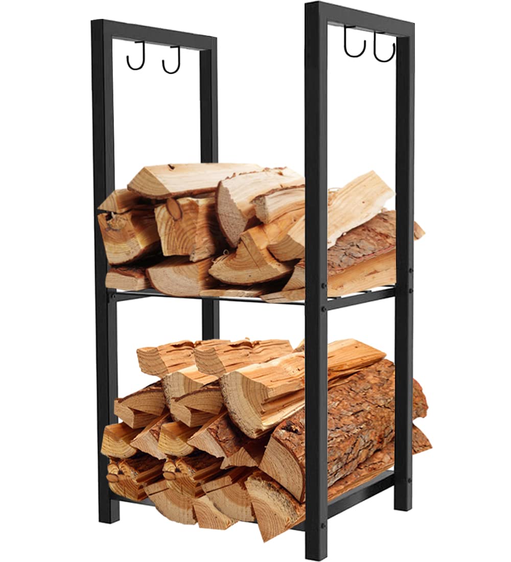 Koutemie 2 Tiers Small Firewood Log Storage Rack Holder for Indoor Fireplace or Outdoor Patio, Black