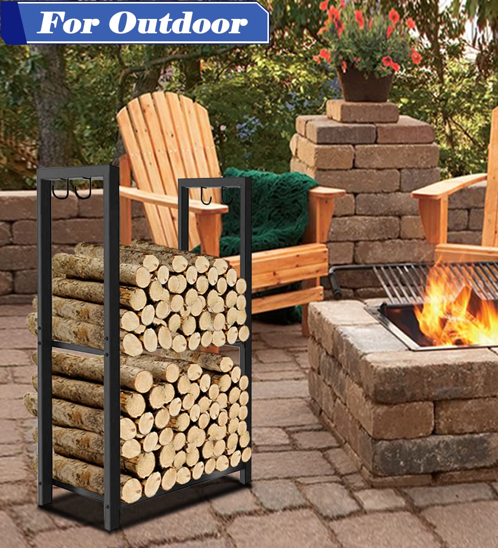 Koutemie 2 Tiers Small Firewood Log Storage Rack Holder for Indoor Fireplace or Outdoor Patio, Black