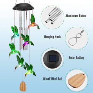 Solar Wind Chimes Outside Hummingbird Wind Chime Birthday Gifts for Mom Grandma - Memorial Windchimes Decor for Outdoor Yard Patio Porch Garden Backyard - IP65 Waterproof