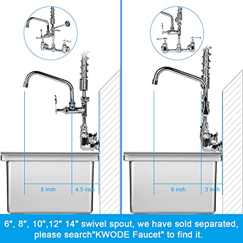 KWODE Wall Mount Commercial Sink Faucet with Pull Down Sprayer 8 Inch Center Pre-Rinse Kitchen Faucet with 21” Height and 8” Add-on Swivel Spout, Brass Constructed, Chrome Finish