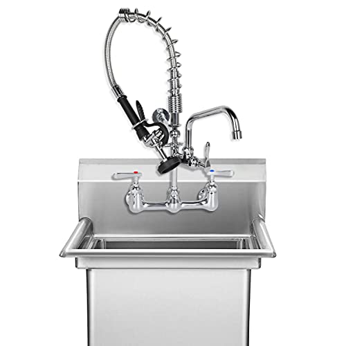 KWODE Wall Mount Commercial Sink Faucet with Pull Down Sprayer 8 Inch Center Pre-Rinse Kitchen Faucet with 21” Height and 8” Add-on Swivel Spout, Brass Constructed, Chrome Finish