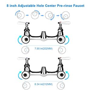 KWODE Wall Mount Commercial Sink Faucet with Pull Down Sprayer 8 Inch Center Pre-Rinse Kitchen Faucet with 21” Height and 8” Add-on Swivel Spout, Brass Constructed, Chrome Finish