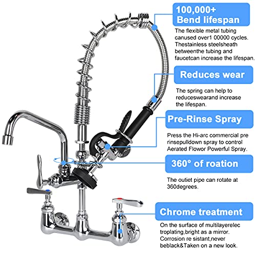 KWODE Wall Mount Commercial Sink Faucet with Pull Down Sprayer 8 Inch Center Pre-Rinse Kitchen Faucet with 21” Height and 8” Add-on Swivel Spout, Brass Constructed, Chrome Finish