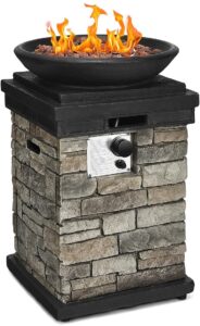 arlime outdoor propane burning fire bowl, propane firebowl column realistic look firepit heater, 40,000 btu outdoor gas fire pit with free lava rocks, fits 20lb tank inside, raincover