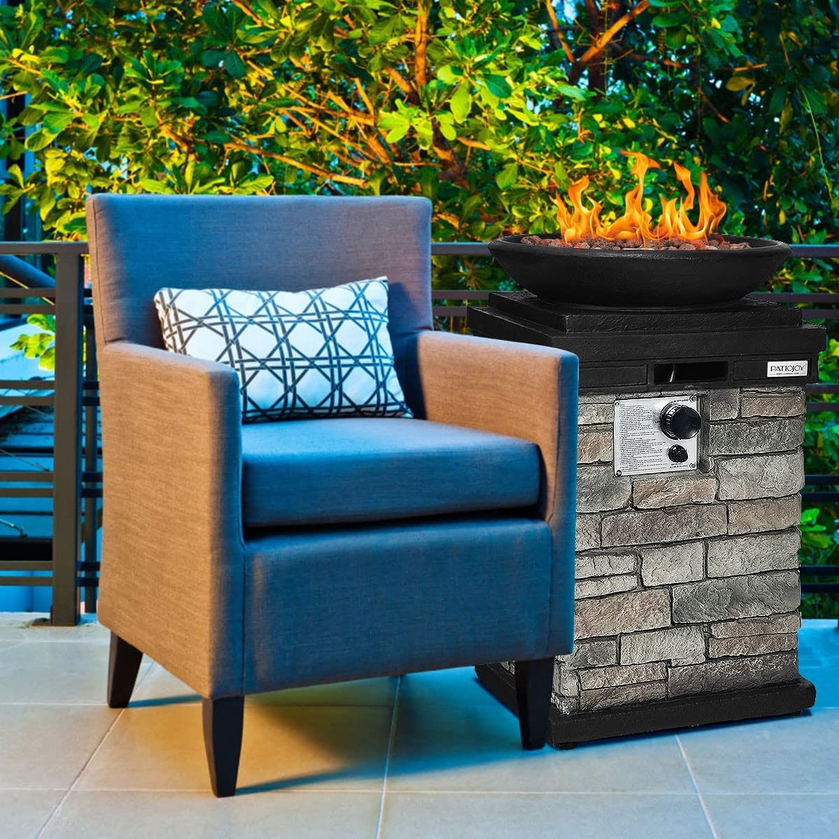 ARLIME Outdoor Propane Burning Fire Bowl, Propane Firebowl Column Realistic Look Firepit Heater, 40,000 BTU Outdoor Gas Fire Pit with Free Lava Rocks, Fits 20lb Tank Inside, Raincover