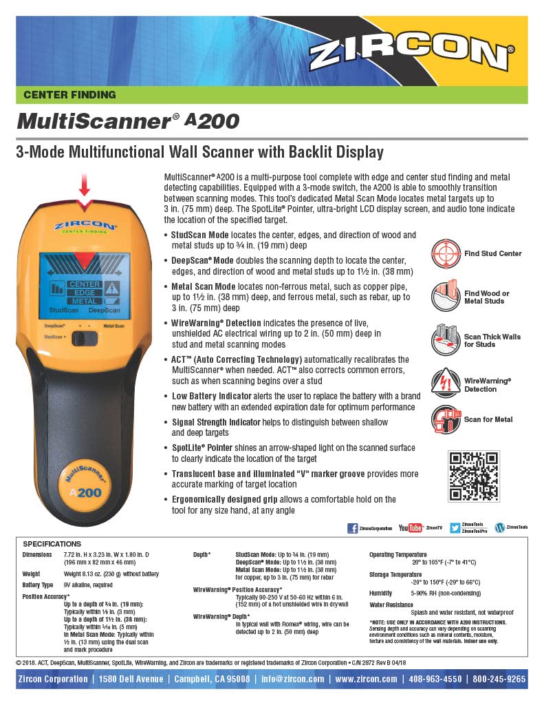 Zircon Multiscanner A200 Electronic Wall Scanner / Metal Detector/ Live AC Wire Detection With SpotLite Pointer