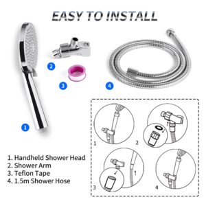 High Pressure Shower Head with Hose,removable Power Showerhead with Handheld 6 Spray Setting,Big Large Adjustable Powerful Shower Wand for Low Water Pressure with On Off Switch Bracket Teflon Tape