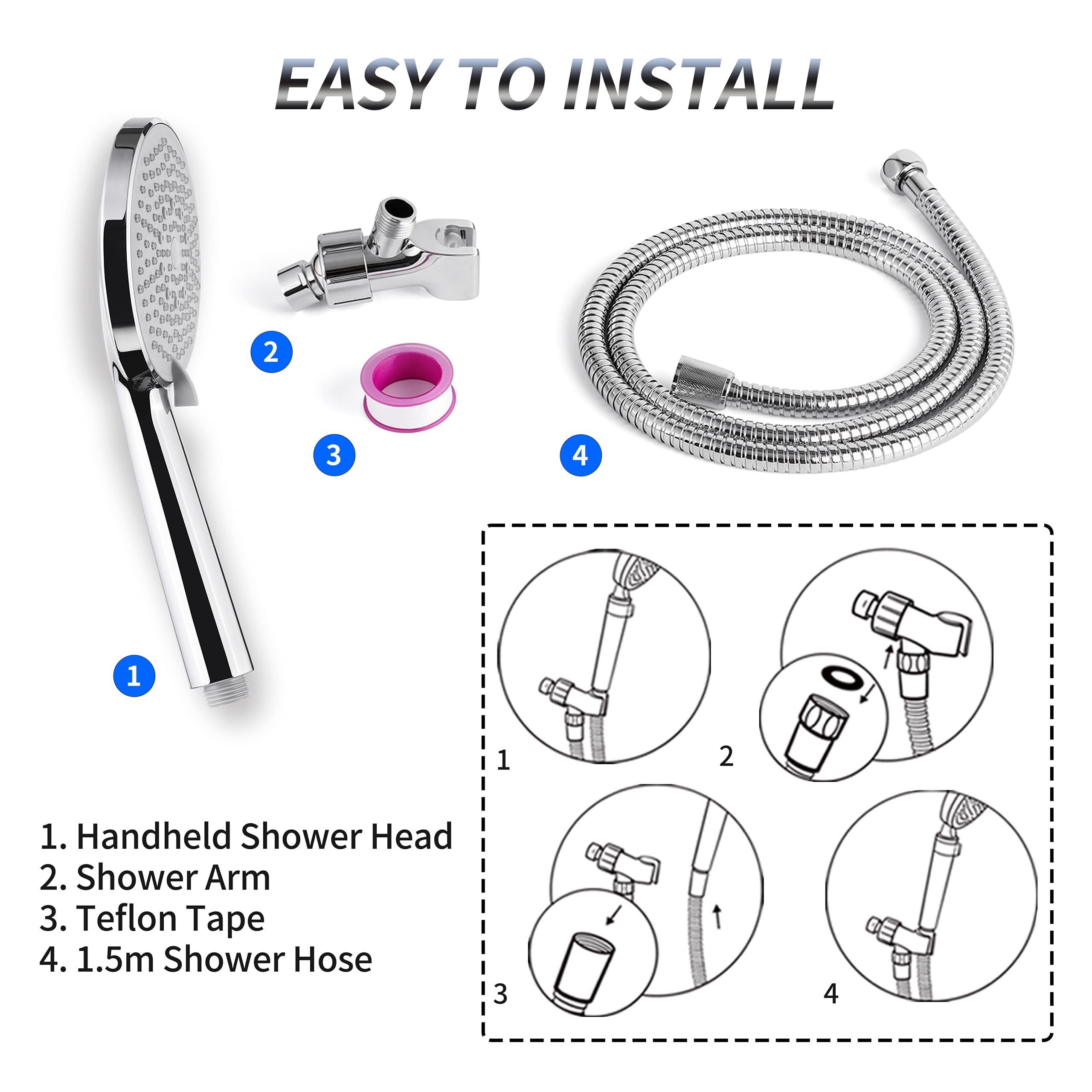 High Pressure Shower Head with Hose,removable Power Showerhead with Handheld 6 Spray Setting,Big Large Adjustable Powerful Shower Wand for Low Water Pressure with On Off Switch Bracket Teflon Tape