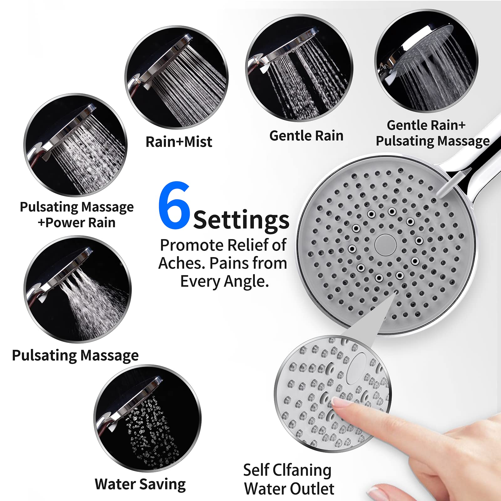 High Pressure Shower Head with Hose,removable Power Showerhead with Handheld 6 Spray Setting,Big Large Adjustable Powerful Shower Wand for Low Water Pressure with On Off Switch Bracket Teflon Tape