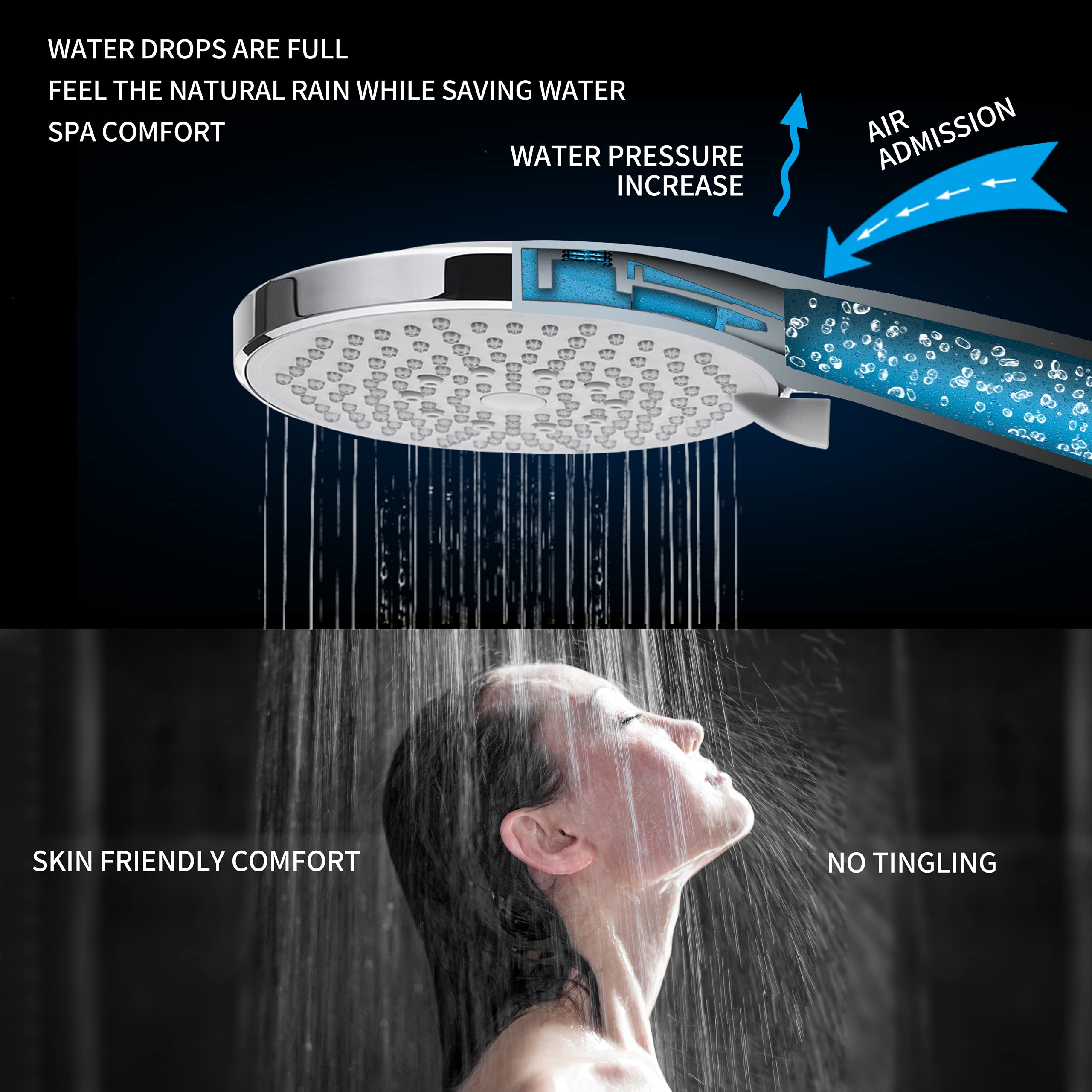 High Pressure Shower Head with Hose,removable Power Showerhead with Handheld 6 Spray Setting,Big Large Adjustable Powerful Shower Wand for Low Water Pressure with On Off Switch Bracket Teflon Tape