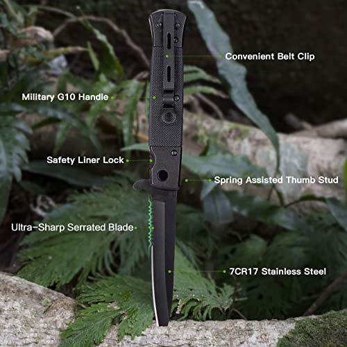 GVDV Folding Pocket Knife with G10 Handle, 7CR17 Stainless Steel EDC Knife with Safety Liner Lock, Hunting Camping Hiking Fishing Knife, Father's Day Gifts for Men Dad, Serrated