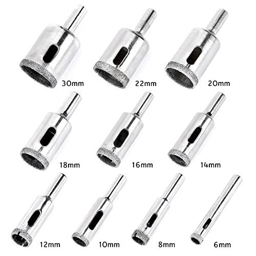 Diamond Drill Bit Set,10 Pieces Diamond Hole Saw, Glass Hole Saw for Tiles Glass, Ceramic, Porcelain, Marble, Bottles, DIY,6mm - 30mm