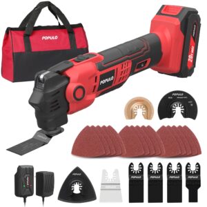 populo 20v cordless oscillating tool kits, 22000 opm variable speed, 4.5° oscillating angle multi tool, 27 piece battery powered multi-tool for cutting wood, drywall, nails, scraping, and sanding
