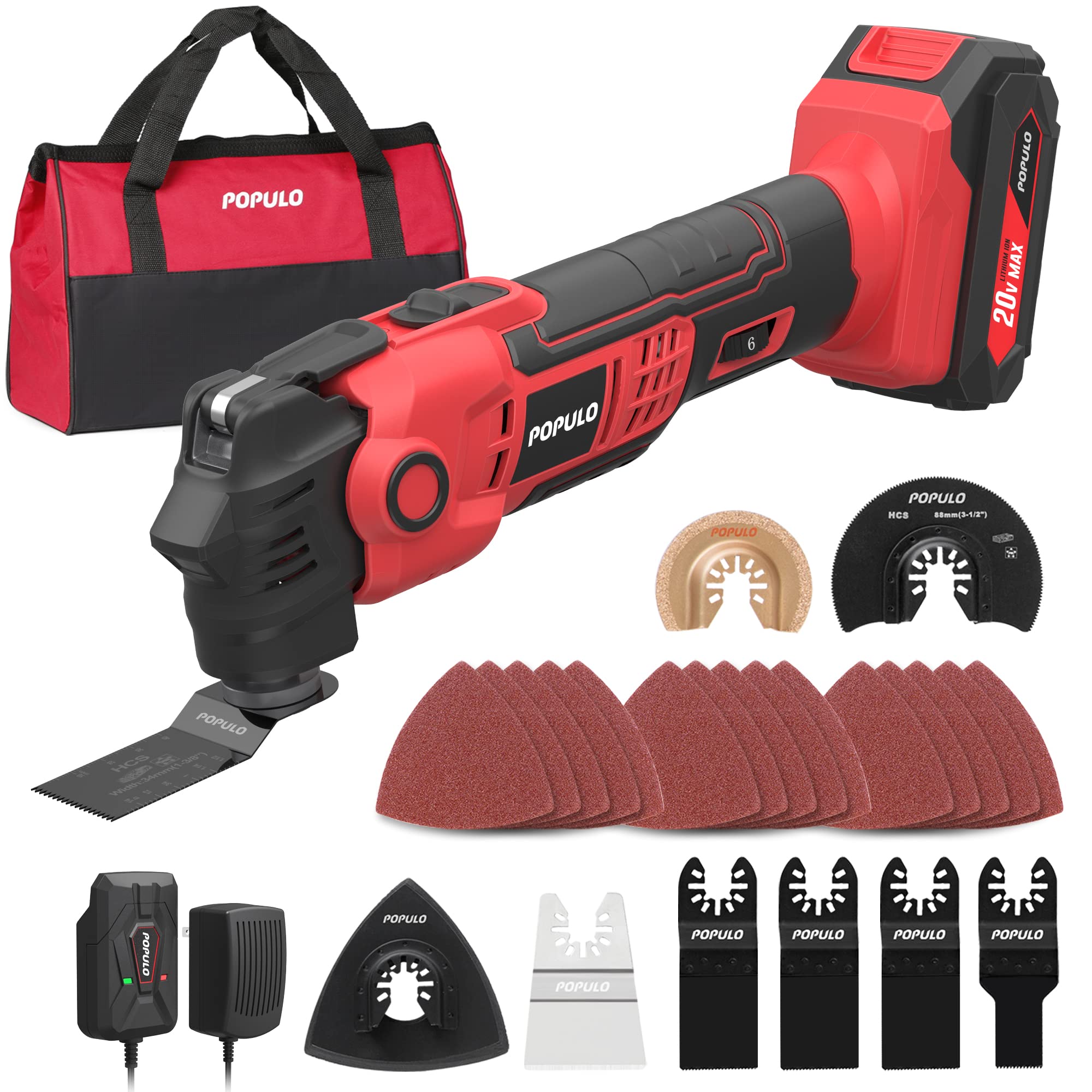 POPULO 20V Cordless Oscillating Tool Kits, 22000 OPM Variable Speed, 4.5° Oscillating Angle Multi Tool, 27 Piece Battery Powered Multi-Tool for Cutting Wood, Drywall, Nails, Scraping, and Sanding