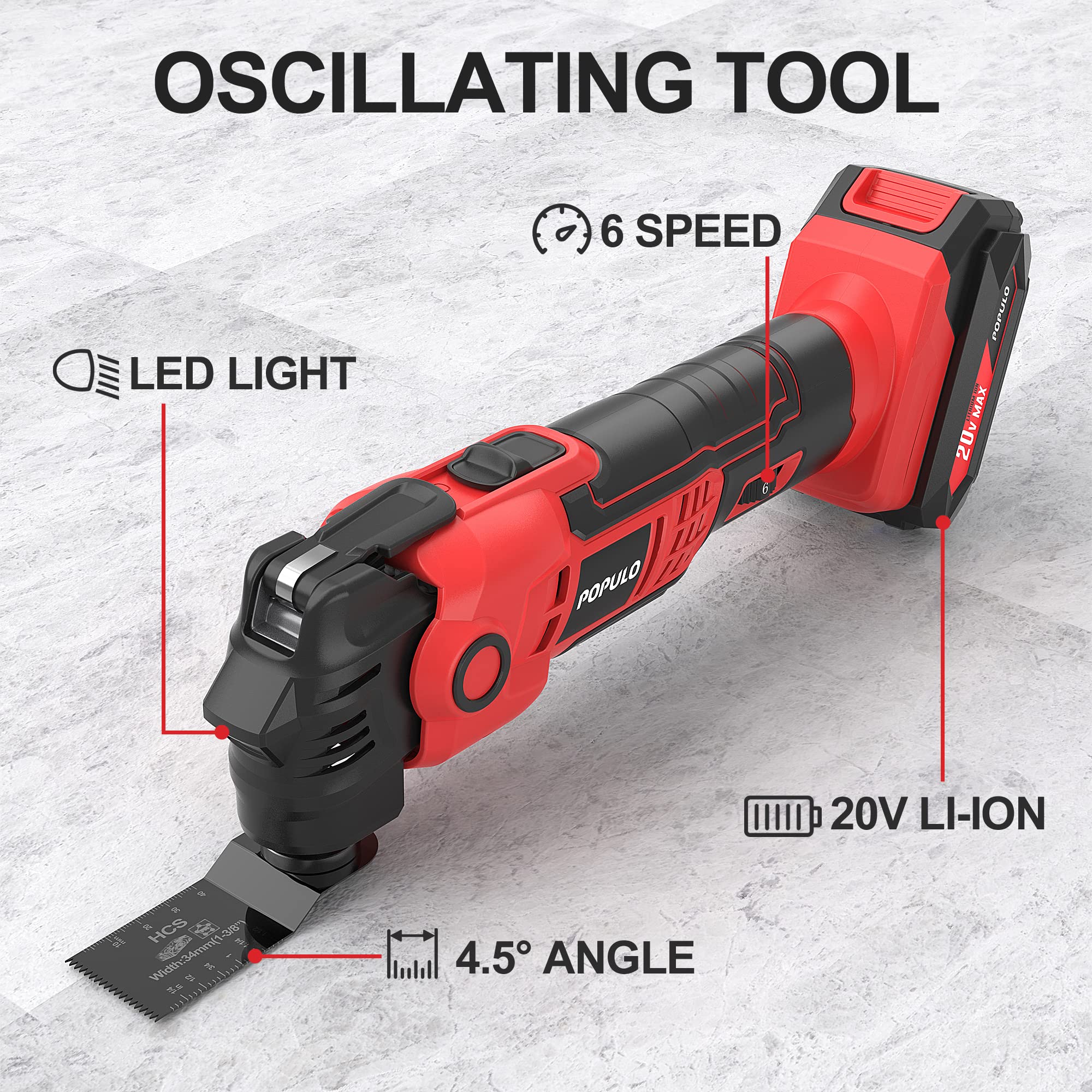 POPULO 20V Cordless Oscillating Tool Kits, 22000 OPM Variable Speed, 4.5° Oscillating Angle Multi Tool, 27 Piece Battery Powered Multi-Tool for Cutting Wood, Drywall, Nails, Scraping, and Sanding