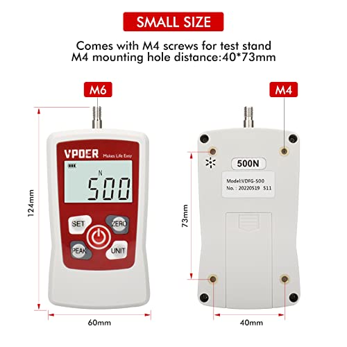 VPOER Digital Force Gauge Push Pull Gauge Tester Portable Force Meter with Maximum Load Value 500N 50kg 110Lb 1800Oz Auto Backlit LCD, Auto Power-Off (VDFG-500N)