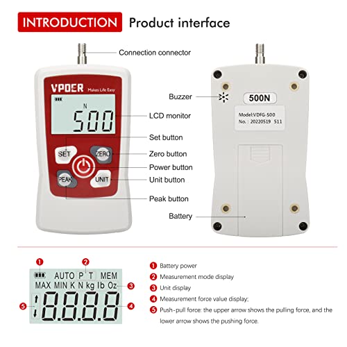 VPOER Digital Force Gauge Push Pull Gauge Tester Portable Force Meter with Maximum Load Value 500N 50kg 110Lb 1800Oz Auto Backlit LCD, Auto Power-Off (VDFG-500N)