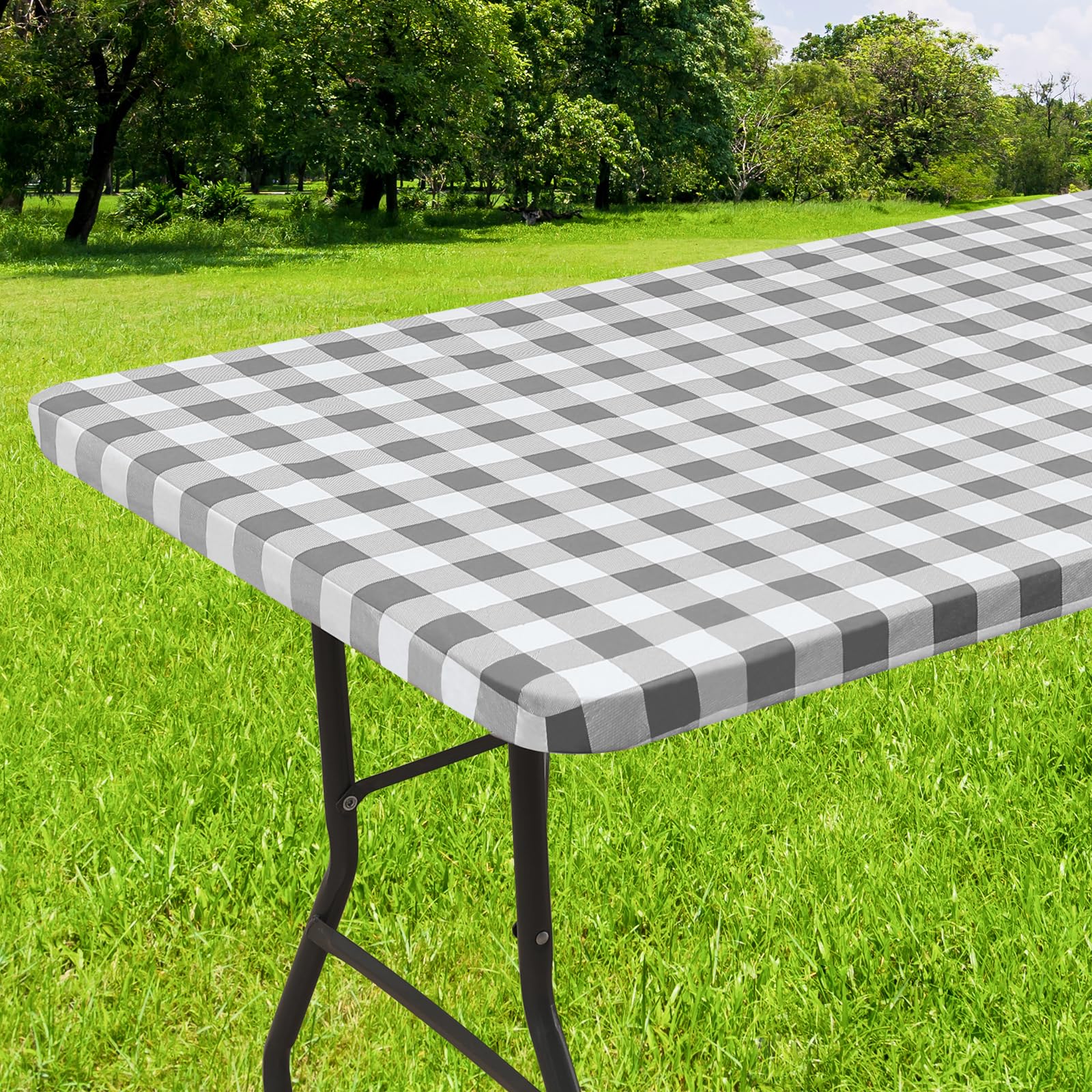 smiry Rectangle Table Cloth Cover, Elastic Waterproof Fitted Vinyl Table Covers for 4 FT Tables, Flannel Backed Buffalo Plaid Tablecloth for Picnic, Camping, Outdoor (White and Grey, 30 x 48 Inches)