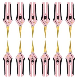 toolteng 12 packs pruning shears with curved blades, garden trimming scissors, gardening hand pruning snips titanium coated precision bonsai pruning shears, efficient flower cutters (pink)