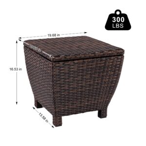 Sundale Outdoor Small Deck Storage Box Outdoor with Lid, 13 Gallon Small Outdoor Bin Storage Container for Hose Cushion Towel, Patio Brown Side Wicker Table with Storage-Steel, Rattan, Square