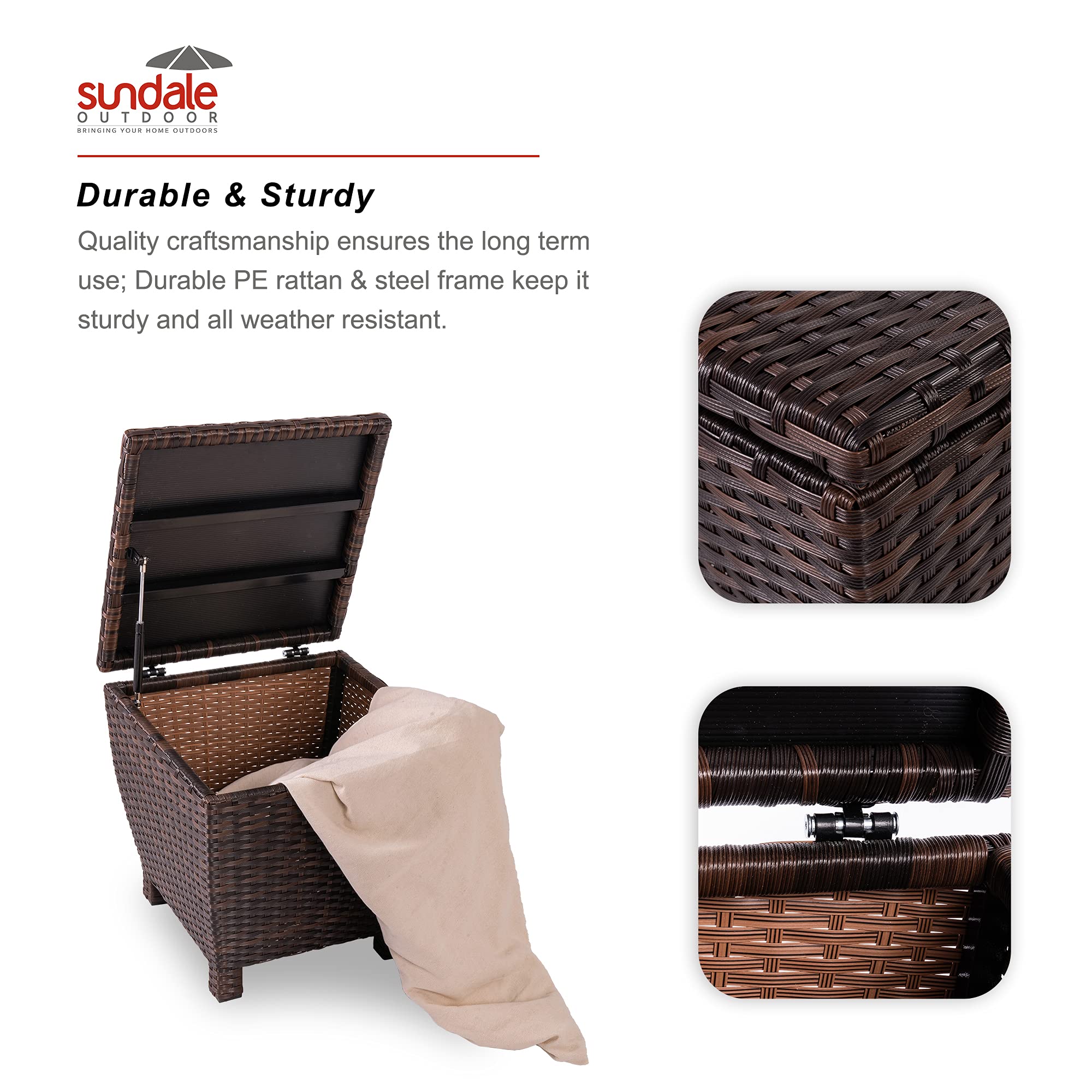 Sundale Outdoor Small Deck Storage Box Outdoor with Lid, 13 Gallon Small Outdoor Bin Storage Container for Hose Cushion Towel, Patio Brown Side Wicker Table with Storage-Steel, Rattan, Square