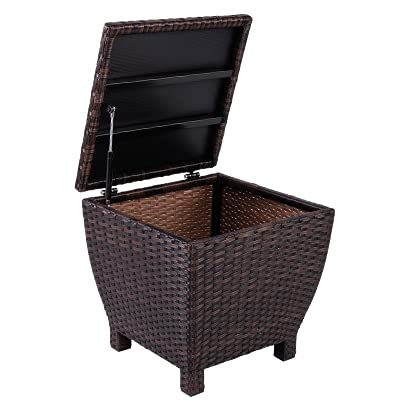 Sundale Outdoor Small Deck Storage Box Outdoor with Lid, 13 Gallon Small Outdoor Bin Storage Container for Hose Cushion Towel, Patio Brown Side Wicker Table with Storage-Steel, Rattan, Square