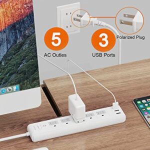 2 Prong Power Strip, WRXDMC 2 Prong to 3 Prong Outlet Adapter, 5ft Extension Cord with Polarized Plug, 1680J Surge Protector, 5 AC Outlets & 3 USB, Wall Mountable, Ideal for Non-Grounded Outlets