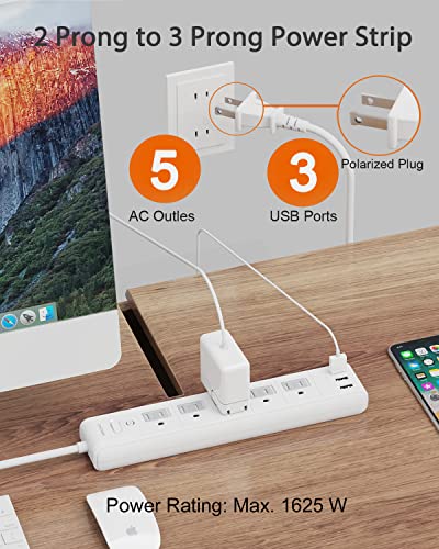 2 Prong Power Strip, WRXDMC 2 Prong to 3 Prong Outlet Adapter, 5ft Extension Cord with Polarized Plug, 1680J Surge Protector, 5 AC Outlets & 3 USB, Wall Mountable, Ideal for Non-Grounded Outlets