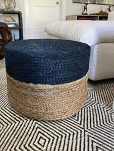s & l homes pouf ottoman - 100% jute braided footrest pouf hand knitted traditional cord boho pouffe for living room, bedroom, nursery, patio, lounge colorblock - natural navy (18”x18”x12”)