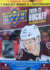 2020/21 upper deck extended series nhl hockey blaster box - 7 packs per box - 8 cards per pack - collect young guns rookie cards