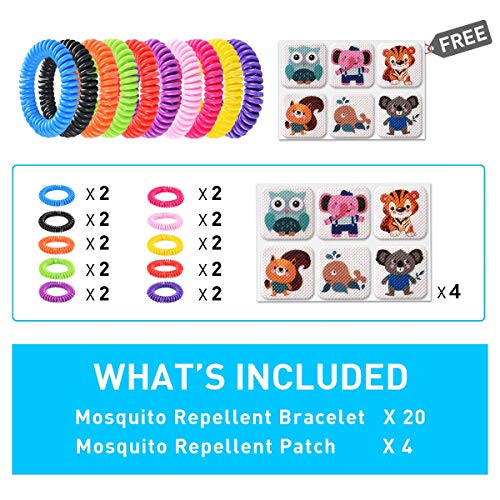 20 Pack Mosquito Bracelets with 4 patches - Waterproof Wrist Bands for Kids & Adults, Natural Deet-free Resealable