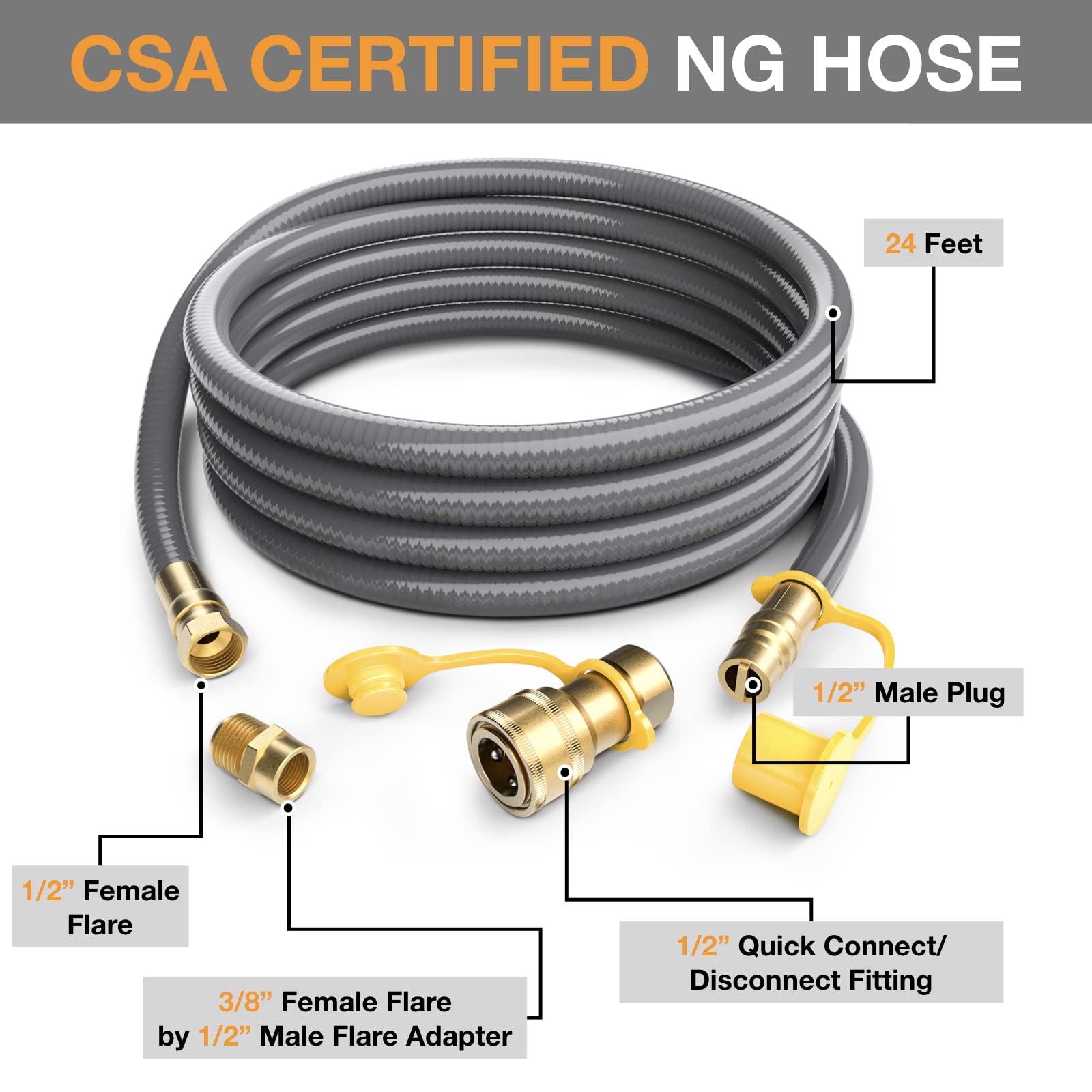 PatioGem 24FT 1/2” Natural Gas Hose, Natural Gas Conversion Kit, Flexible Gas Line Propane to Natural Gas Conversion Kit with Quick Connect Fitting for Grill, Fireplace, Heater, Burner, Generator-CSA