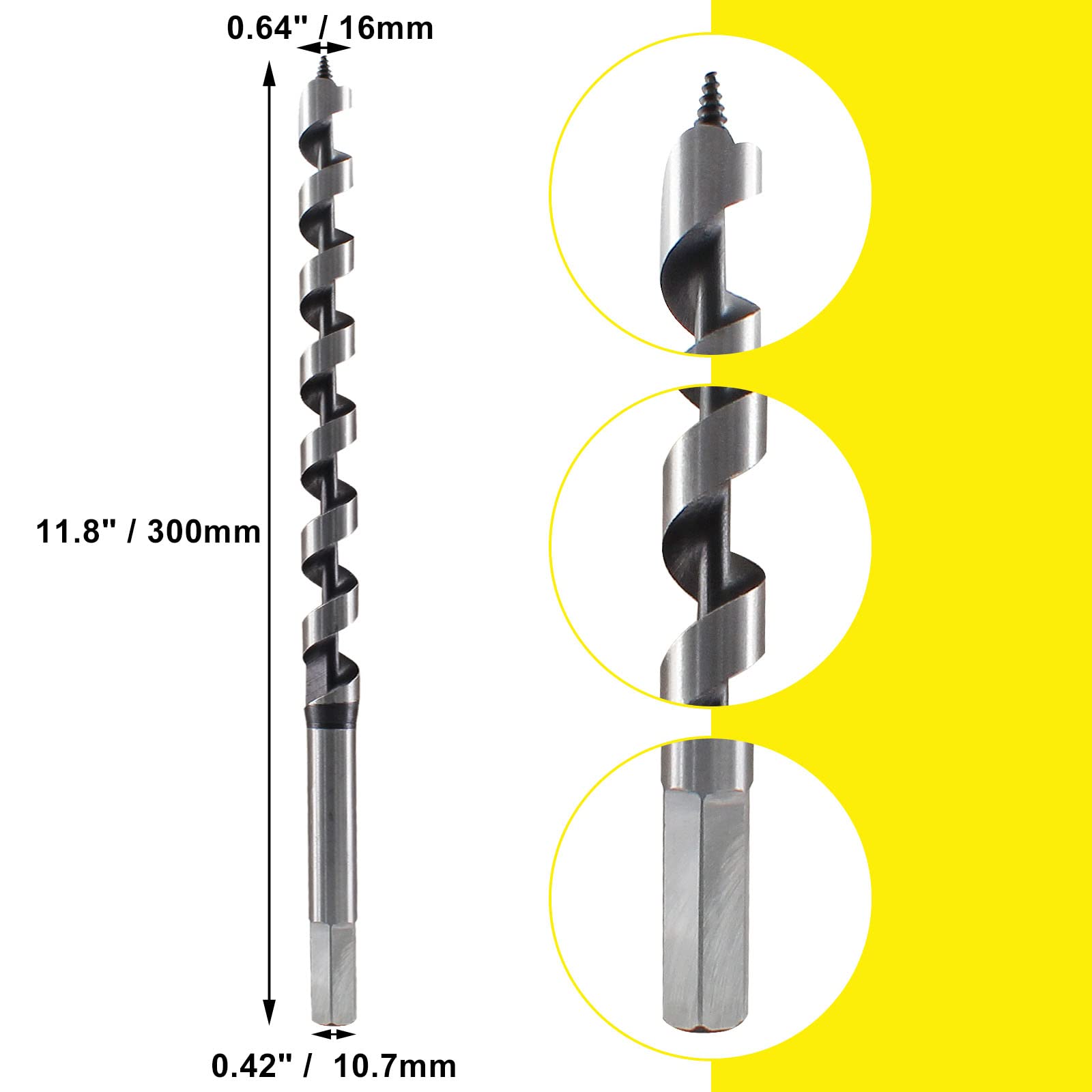 Muretnze 5/8 Inch x 12 Inch Long Auger Drill Bit for Wood, Hex Shank 3/8 Inch for Wood, Extra Long Drill Bits Brad Point Augers Drill Bits for Soft and Hard Wood, Plastic and Drywall.