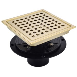 swhyger 6 inch square shower floor drain brushed brass with flange,sus304 stainless steel gold shower drain cover with quadrato pattern grate removable hair strainer,98738bg6-s.