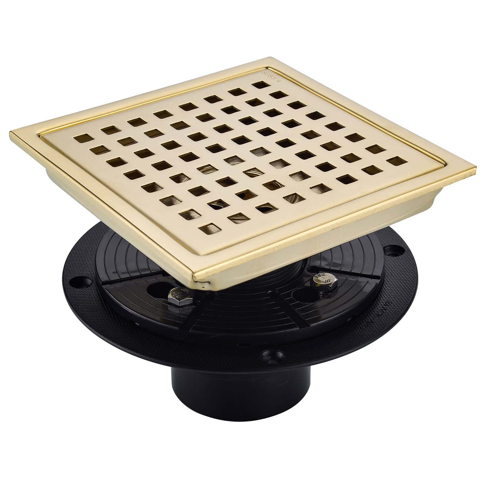 Swhyger 6 Inch Square Shower Floor Drain Brushed Brass with Flange,SUS304 Stainless Steel Gold Shower Drain Cover with Quadrato Pattern Grate Removable Hair Strainer,98738BG6-S.