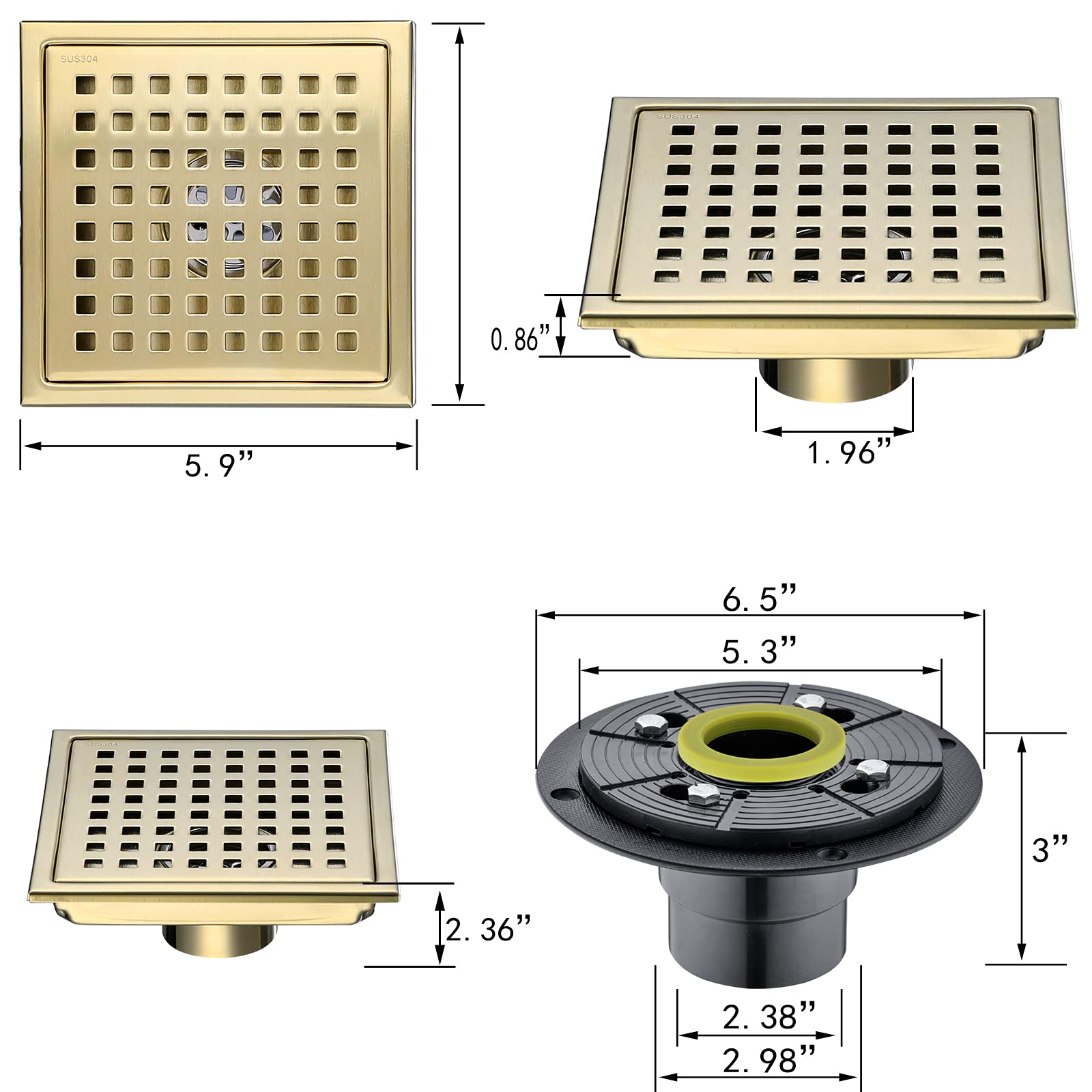 Swhyger 6 Inch Square Shower Floor Drain Brushed Brass with Flange,SUS304 Stainless Steel Gold Shower Drain Cover with Quadrato Pattern Grate Removable Hair Strainer,98738BG6-S.